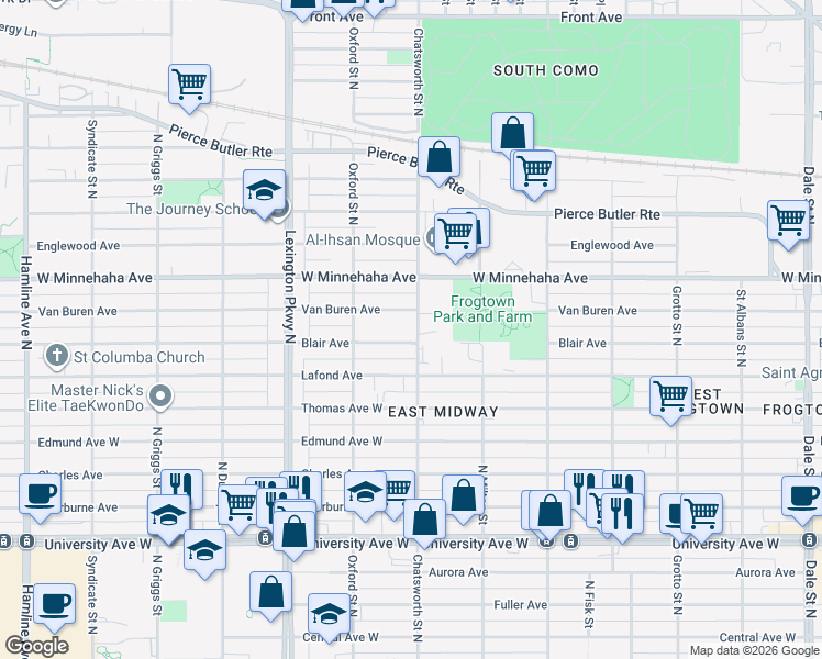 map of restaurants, bars, coffee shops, grocery stores, and more near 996 Blair Avenue in Saint Paul