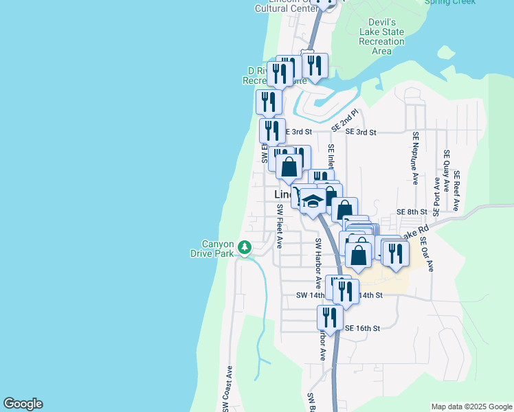 map of restaurants, bars, coffee shops, grocery stores, and more near 805 Southwest Ebb Avenue in Lincoln City