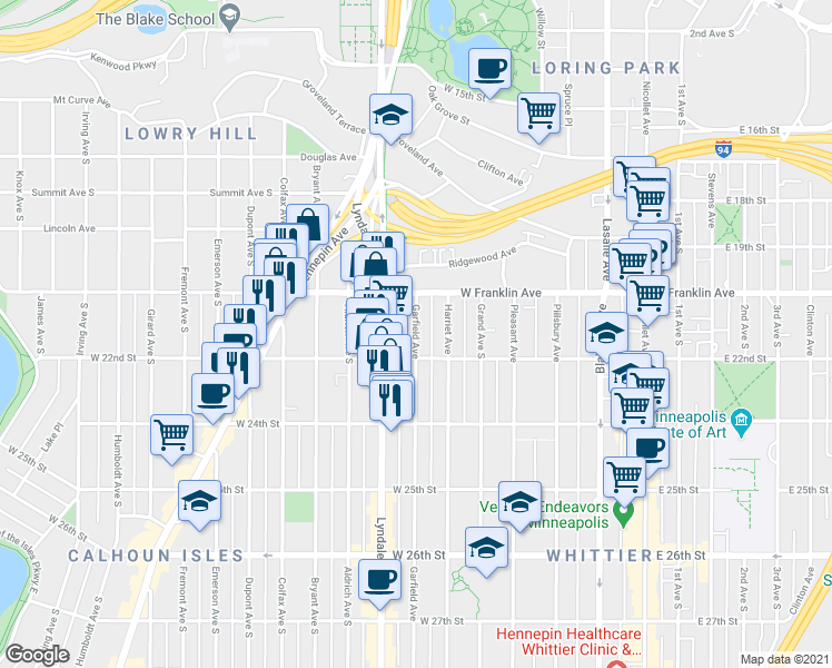 map of restaurants, bars, coffee shops, grocery stores, and more near 2124 Garfield Ave S in Minneapolis