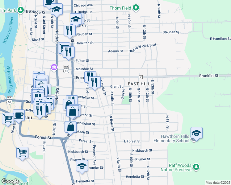 map of restaurants, bars, coffee shops, grocery stores, and more near 515 La Salle Street in Wausau