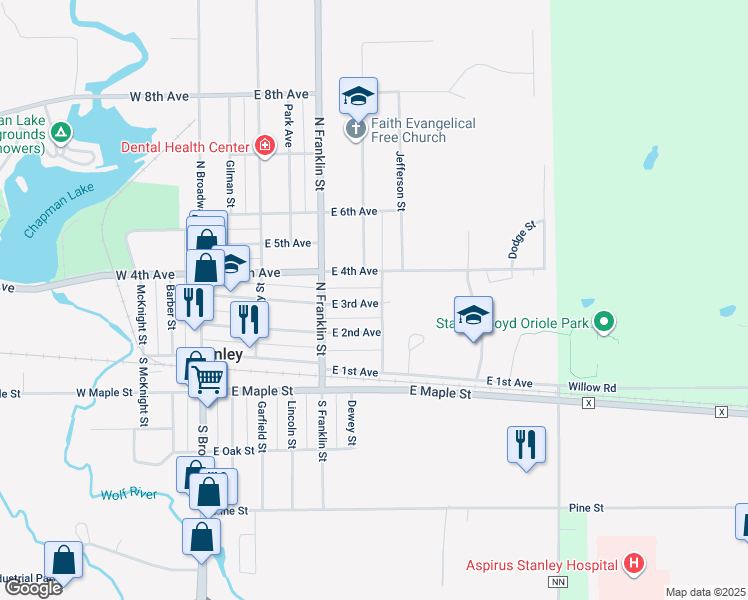 map of restaurants, bars, coffee shops, grocery stores, and more near 345 East 2nd Avenue in Stanley