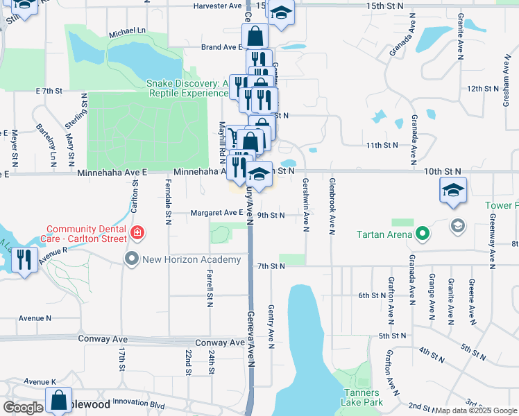 map of restaurants, bars, coffee shops, grocery stores, and more near 6065 9th Street North in Oakdale