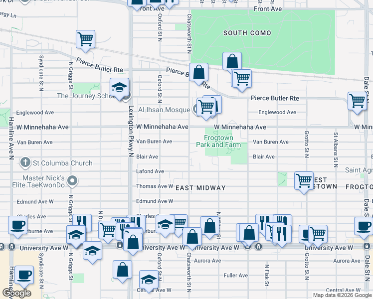map of restaurants, bars, coffee shops, grocery stores, and more near 996 Blair Avenue in Saint Paul