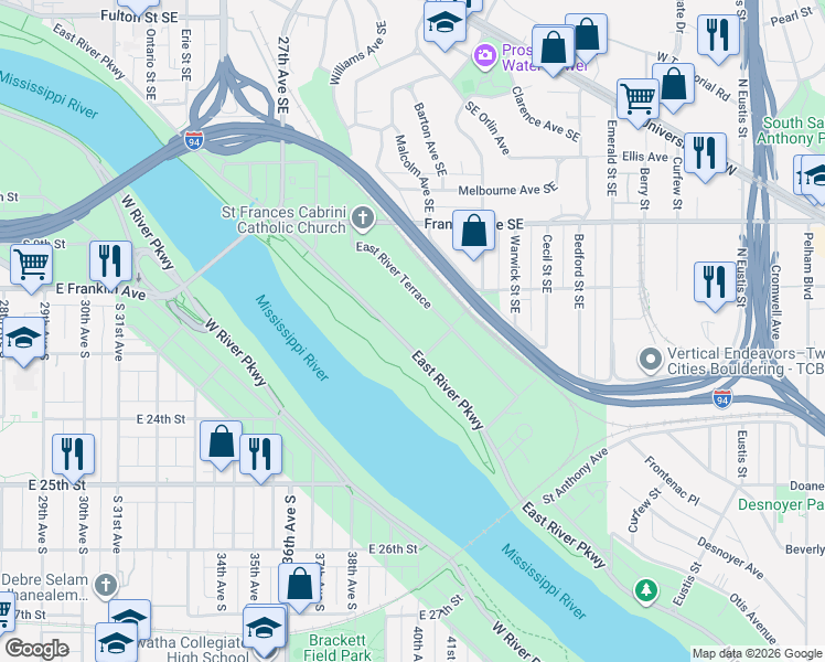 map of restaurants, bars, coffee shops, grocery stores, and more near 1633 East River Parkway in Minneapolis