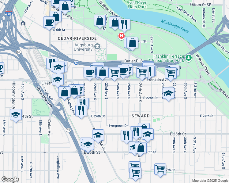 map of restaurants, bars, coffee shops, grocery stores, and more near 2316 East 22nd Street in Minneapolis