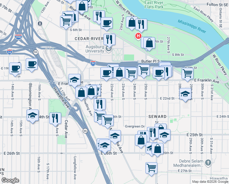 map of restaurants, bars, coffee shops, grocery stores, and more near 2125 Milwaukee Avenue in Minneapolis