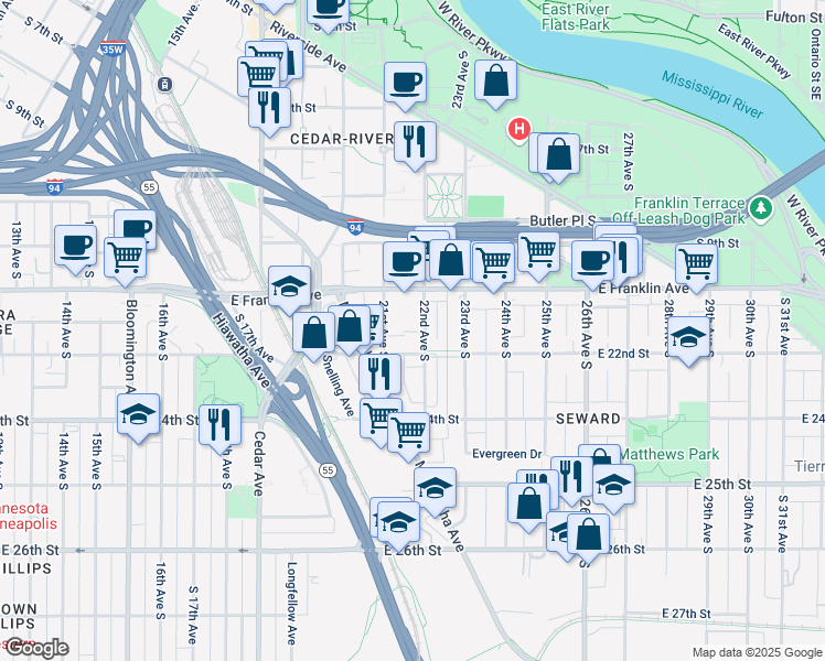 map of restaurants, bars, coffee shops, grocery stores, and more near 2126 East 22nd Street in Minneapolis