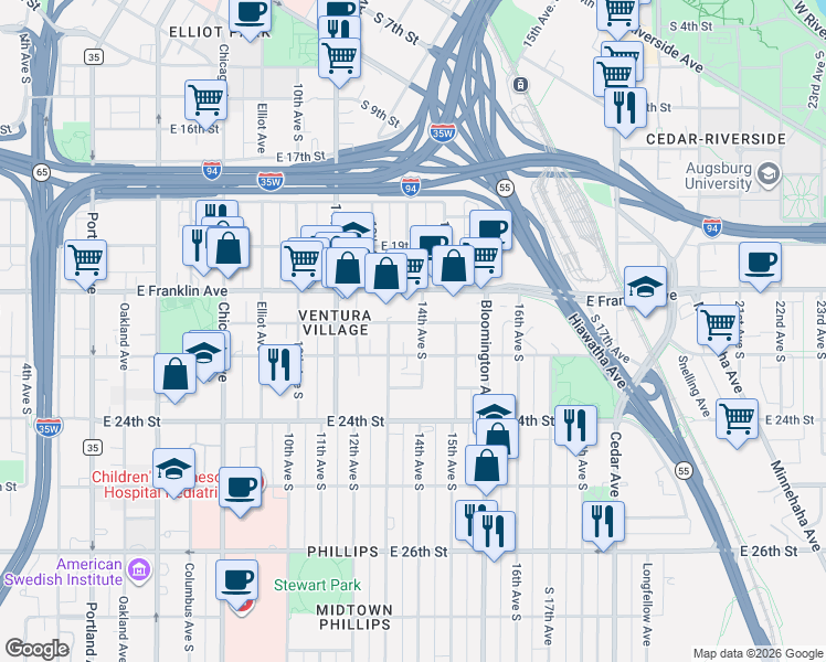 map of restaurants, bars, coffee shops, grocery stores, and more near 2122 14th Avenue South in Minneapolis