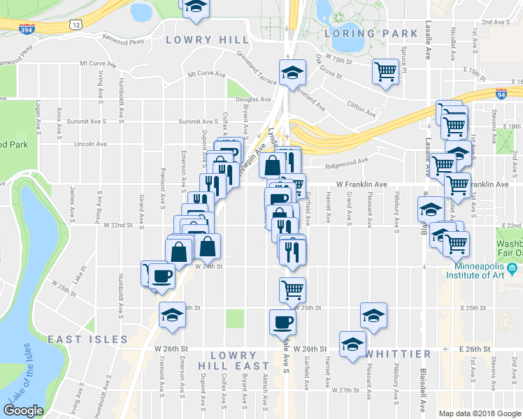 map of restaurants, bars, coffee shops, grocery stores, and more near 2122 Aldrich Avenue South in Minneapolis