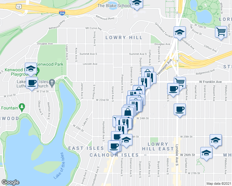 map of restaurants, bars, coffee shops, grocery stores, and more near 2128 Girard Avenue South in Minneapolis