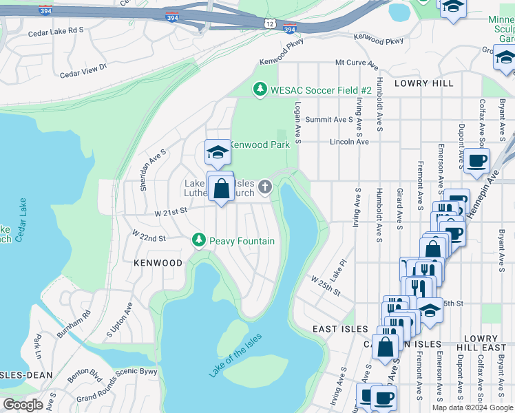 map of restaurants, bars, coffee shops, grocery stores, and more near 2120 Newton Avenue South in Minneapolis