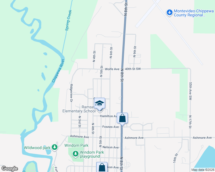 map of restaurants, bars, coffee shops, grocery stores, and more near 1434 North 5th Street in Montevideo