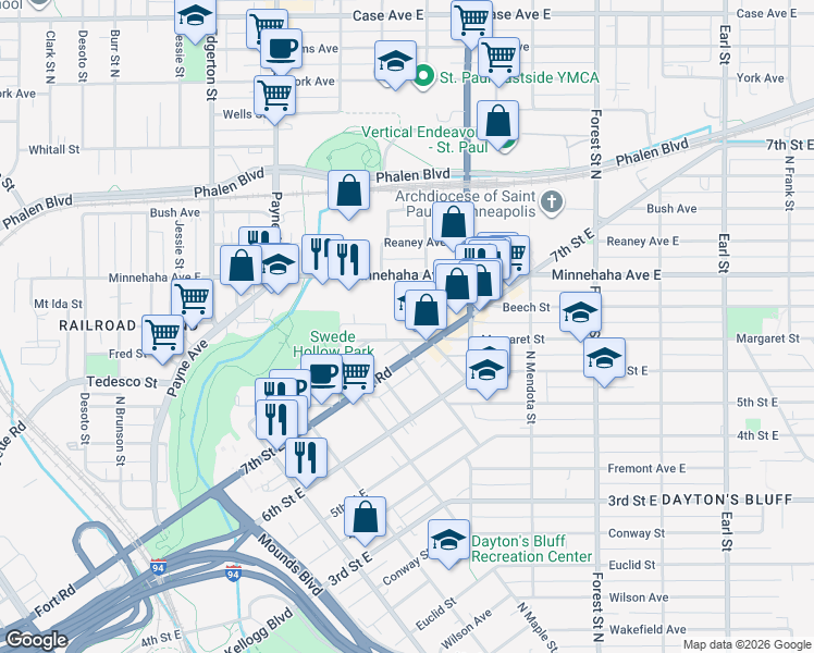 map of restaurants, bars, coffee shops, grocery stores, and more near 752 Margaret Street in Saint Paul