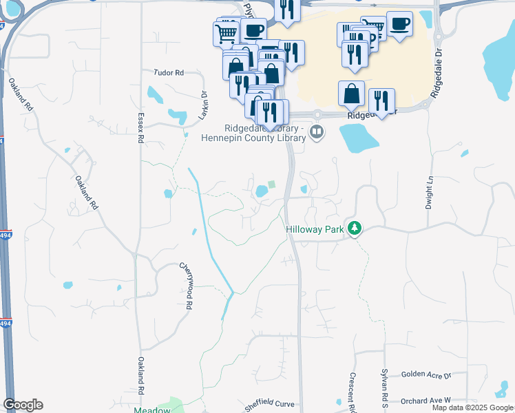 map of restaurants, bars, coffee shops, grocery stores, and more near 2200 Plymouth Road in Minnetonka