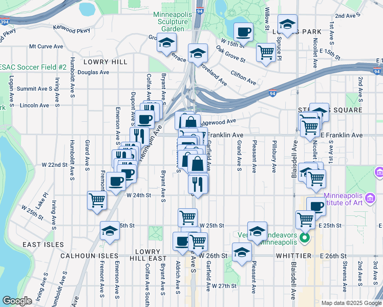 map of restaurants, bars, coffee shops, grocery stores, and more near 2106 Lyndale Avenue South in Minneapolis