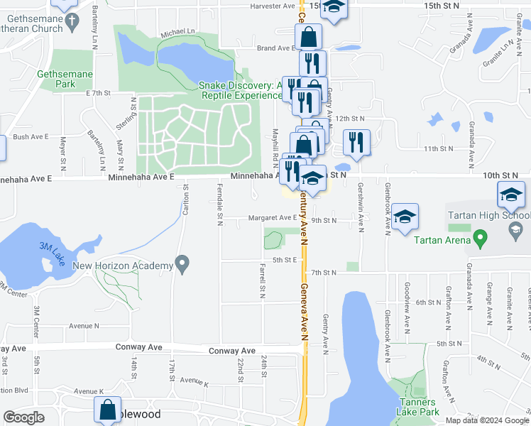 map of restaurants, bars, coffee shops, grocery stores, and more near 2681 Margaret Avenue East in Maplewood