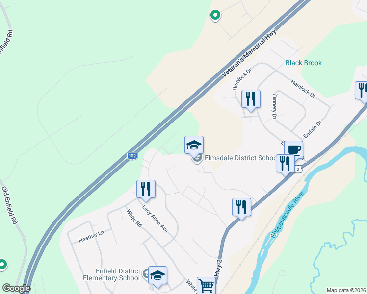 map of restaurants, bars, coffee shops, grocery stores, and more near 132 Kali Lane in Elmsdale