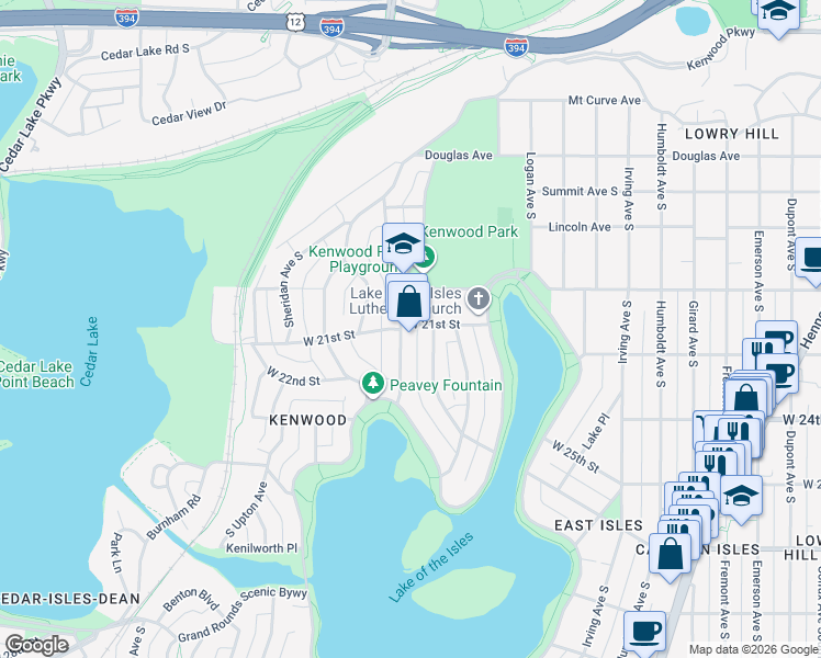 map of restaurants, bars, coffee shops, grocery stores, and more near 2115 West 21st Street in Minneapolis