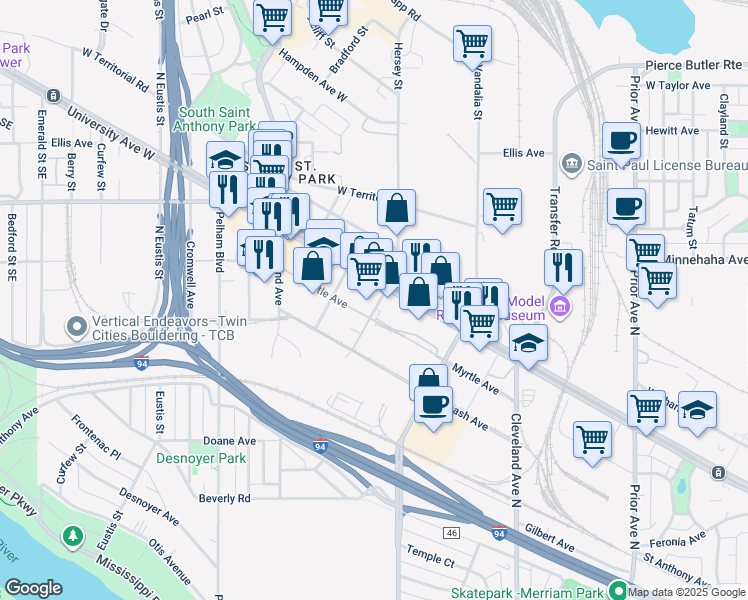 map of restaurants, bars, coffee shops, grocery stores, and more near 747 North Hampden Avenue in Saint Paul