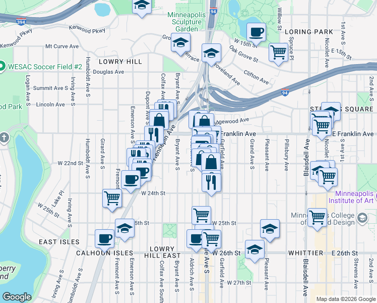 map of restaurants, bars, coffee shops, grocery stores, and more near 2122 Aldrich Avenue South in Minneapolis