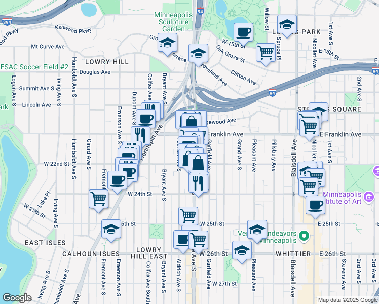 map of restaurants, bars, coffee shops, grocery stores, and more near 2106 Lyndale Avenue South in Minneapolis