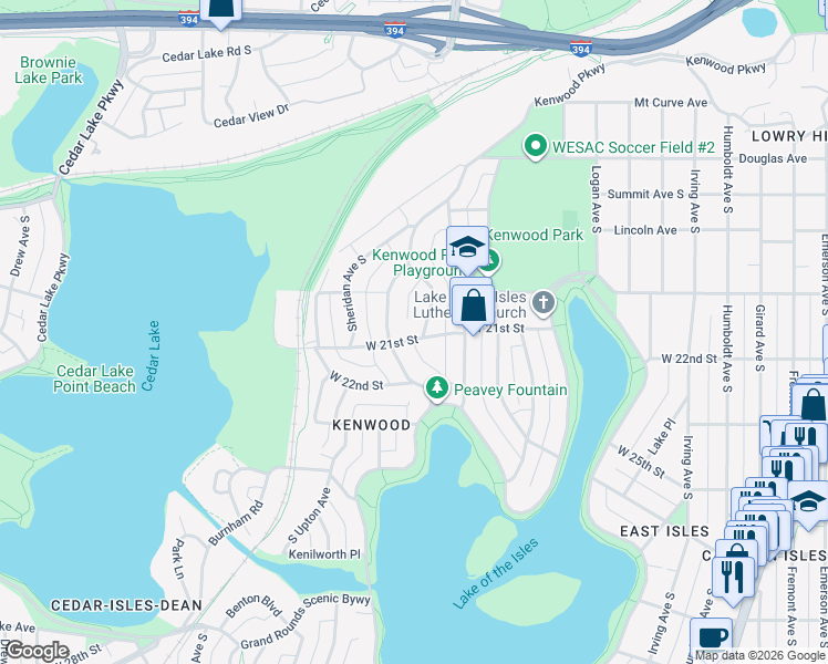 map of restaurants, bars, coffee shops, grocery stores, and more near 2115 Kenwood Parkway in Minneapolis