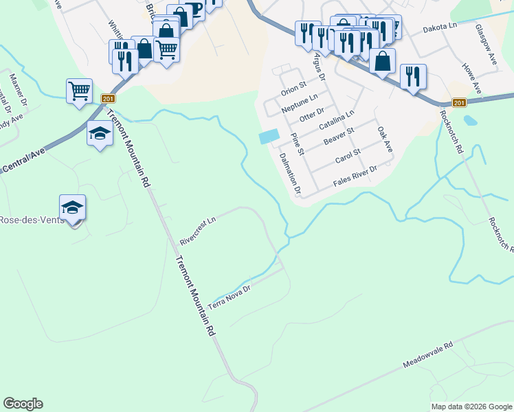 map of restaurants, bars, coffee shops, grocery stores, and more near 90 Rivercrest Lane in Kingston