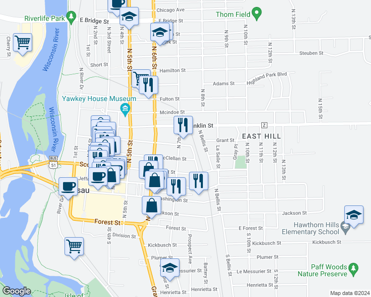 map of restaurants, bars, coffee shops, grocery stores, and more near 713 McClellan Street in Wausau