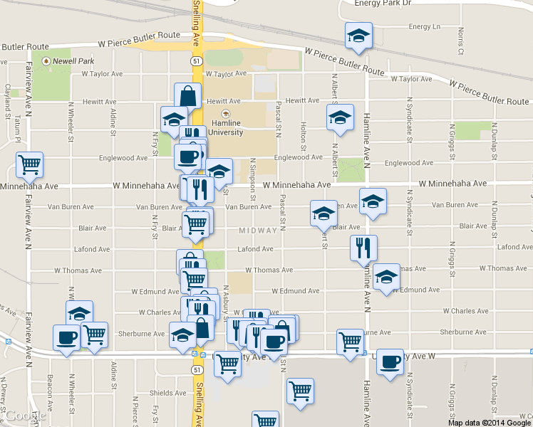map of restaurants, bars, coffee shops, grocery stores, and more near 1488 Blair Avenue in Saint Paul