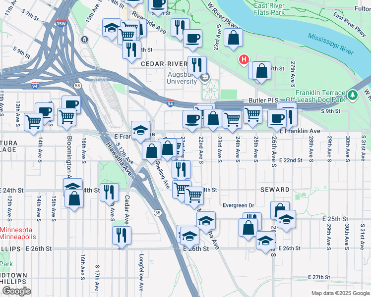 map of restaurants, bars, coffee shops, grocery stores, and more near 2501 Stevens Avenue in Minneapolis