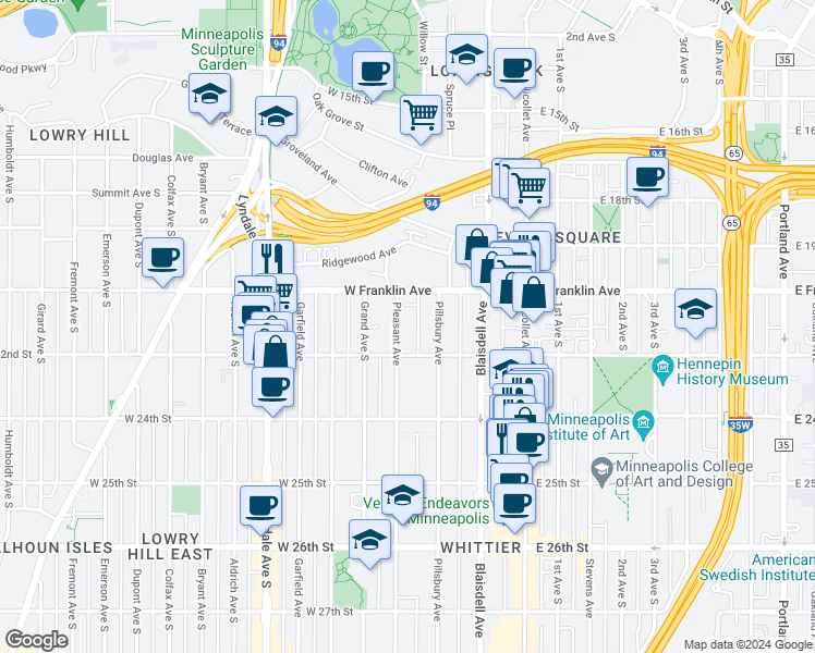 map of restaurants, bars, coffee shops, grocery stores, and more near 212 West 22nd Street in Minneapolis