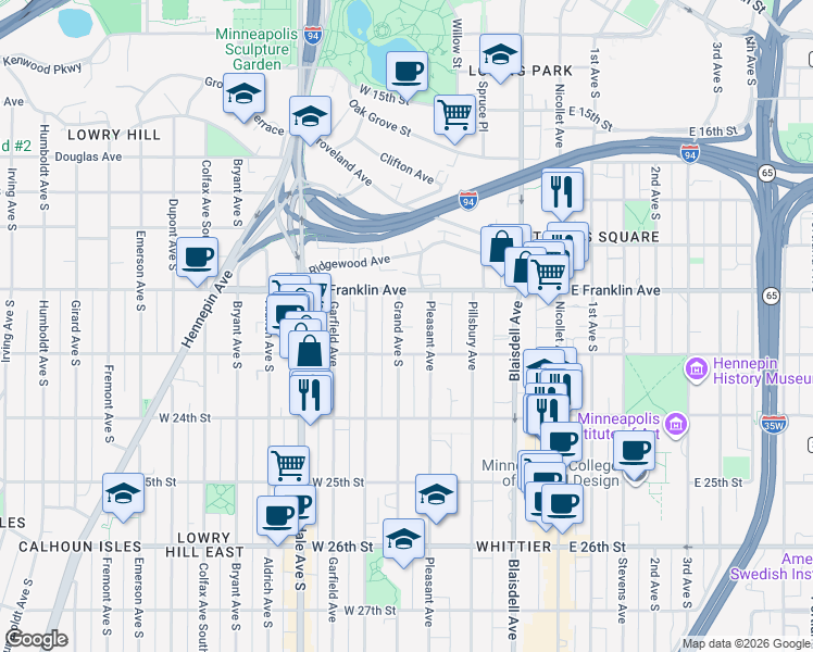 map of restaurants, bars, coffee shops, grocery stores, and more near 308 West 22nd Street in Minneapolis