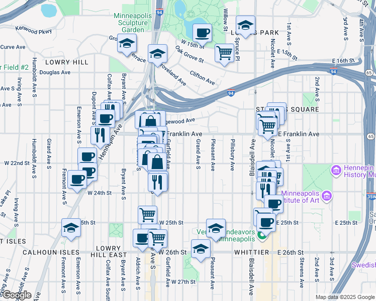 map of restaurants, bars, coffee shops, grocery stores, and more near 2125 Harriet Avenue in Minneapolis