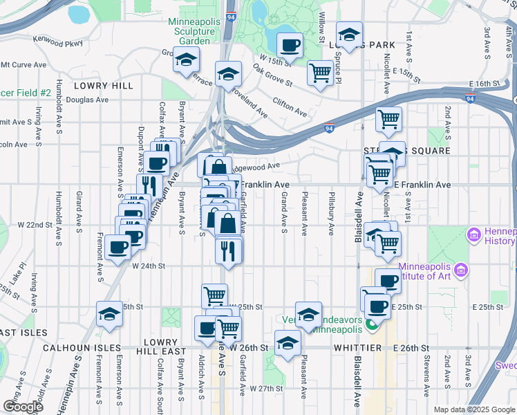 map of restaurants, bars, coffee shops, grocery stores, and more near 520 West 22nd Street in Minneapolis
