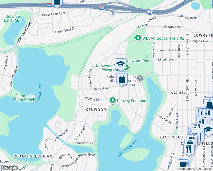 map of restaurants, bars, coffee shops, grocery stores, and more near 2115 Kenwood Parkway in Minneapolis
