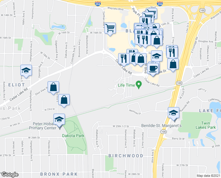 map of restaurants, bars, coffee shops, grocery stores, and more near 2230 Ridge Drive in Minneapolis