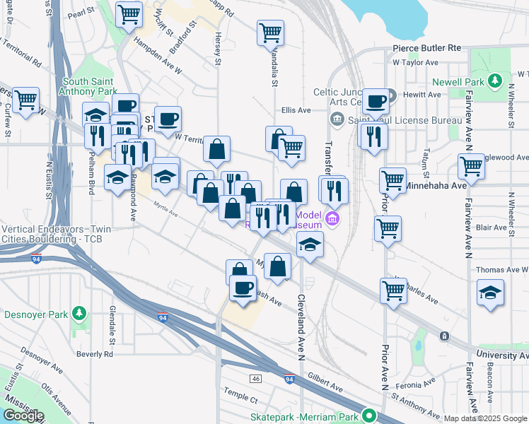 map of restaurants, bars, coffee shops, grocery stores, and more near 675 Vandalia Street in Saint Paul