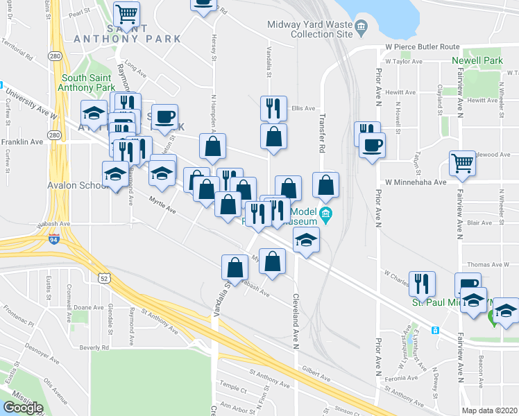 map of restaurants, bars, coffee shops, grocery stores, and more near 675 Vandalia Street in Saint Paul