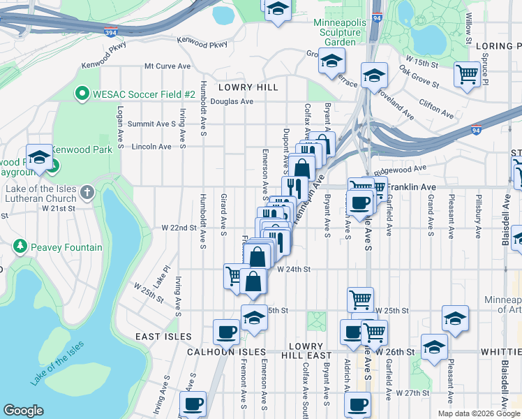 map of restaurants, bars, coffee shops, grocery stores, and more near 2129 Emerson Avenue South in Minneapolis