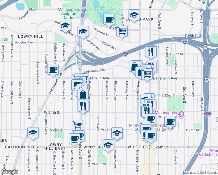 map of restaurants, bars, coffee shops, grocery stores, and more near 308 West 22nd Street in Minneapolis