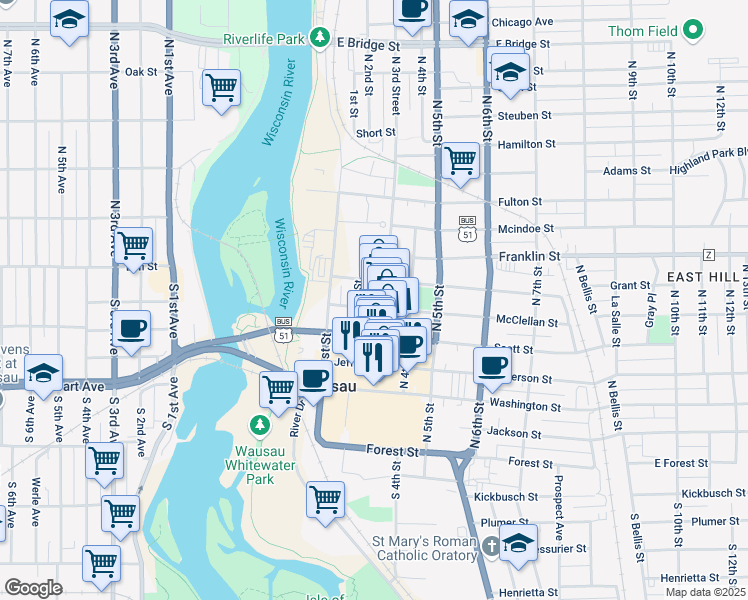 map of restaurants, bars, coffee shops, grocery stores, and more near in Wausau