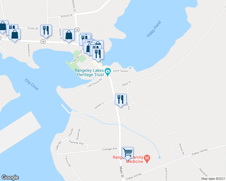 map of restaurants, bars, coffee shops, grocery stores, and more near 1878 Main Street in Rangeley