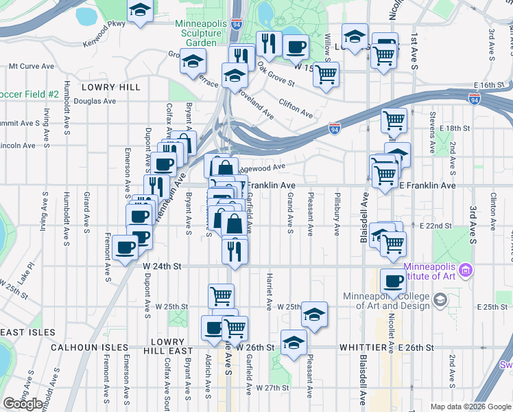 map of restaurants, bars, coffee shops, grocery stores, and more near 2005 Garfield Avenue in Minneapolis