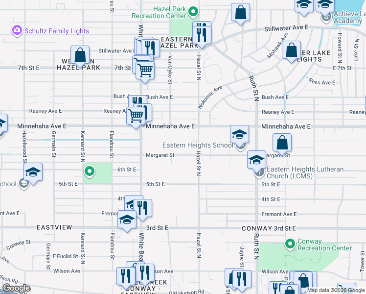 map of restaurants, bars, coffee shops, grocery stores, and more near 1882 Minnehaha Avenue East in Saint Paul