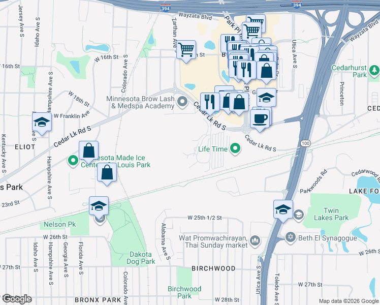 map of restaurants, bars, coffee shops, grocery stores, and more near 2100 Ridge Drive in Minneapolis