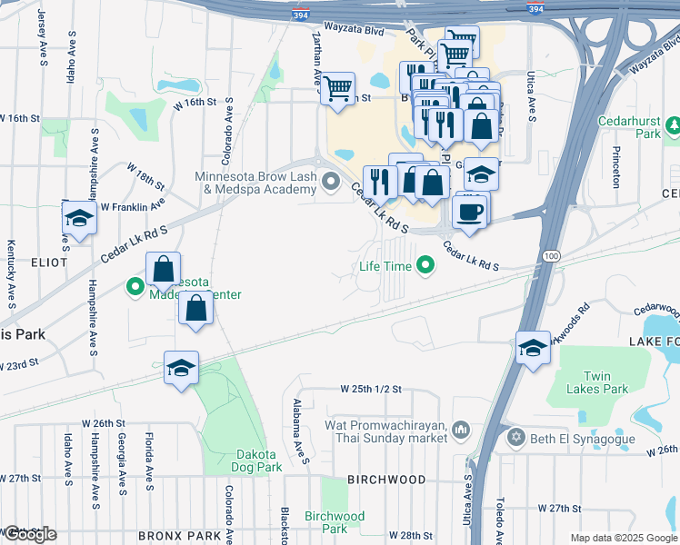 map of restaurants, bars, coffee shops, grocery stores, and more near 2100 Ridge Drive in Minneapolis