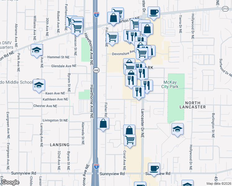 map of restaurants, bars, coffee shops, grocery stores, and more near 2800 Fisher Road Northeast in Salem