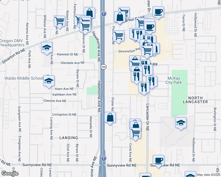map of restaurants, bars, coffee shops, grocery stores, and more near 2791 Fisher Road Northeast in Salem