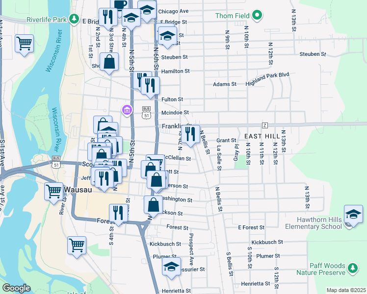 map of restaurants, bars, coffee shops, grocery stores, and more near 713 North 7th Street in Wausau