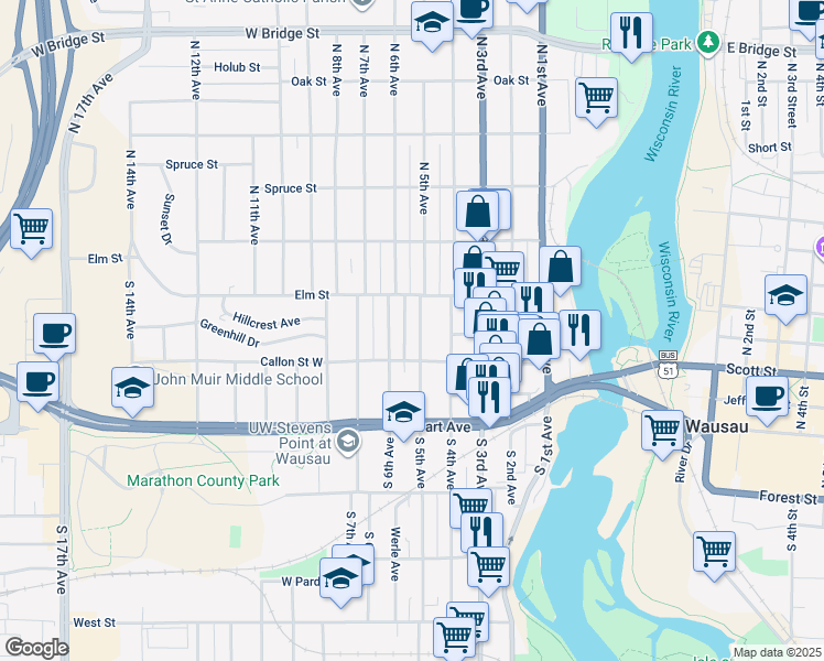 map of restaurants, bars, coffee shops, grocery stores, and more near 105 South 5th Avenue in Wausau